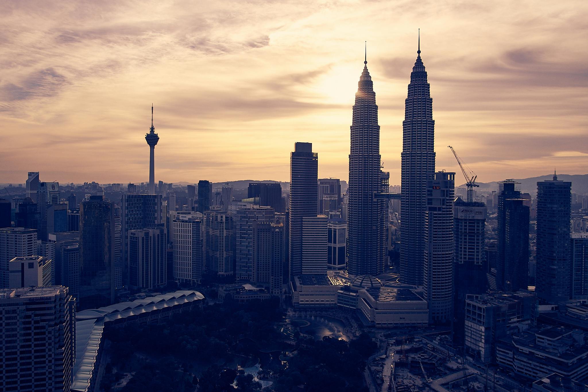Skyline of a financial district at golden hour